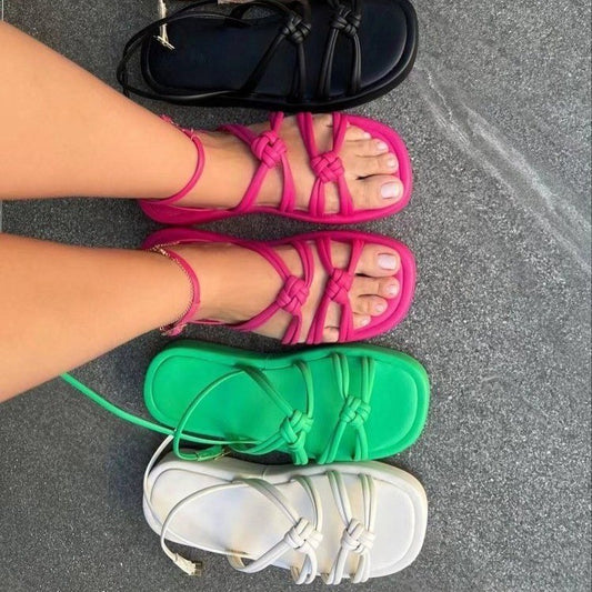 Stylish Knotted Strap Flat Sandals with Adjustable Ankle Buckle