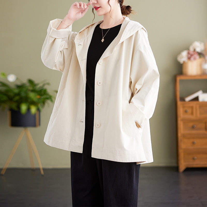 Loose-Fit Button-Up Hooded Jacket with Casual Oversized Design
