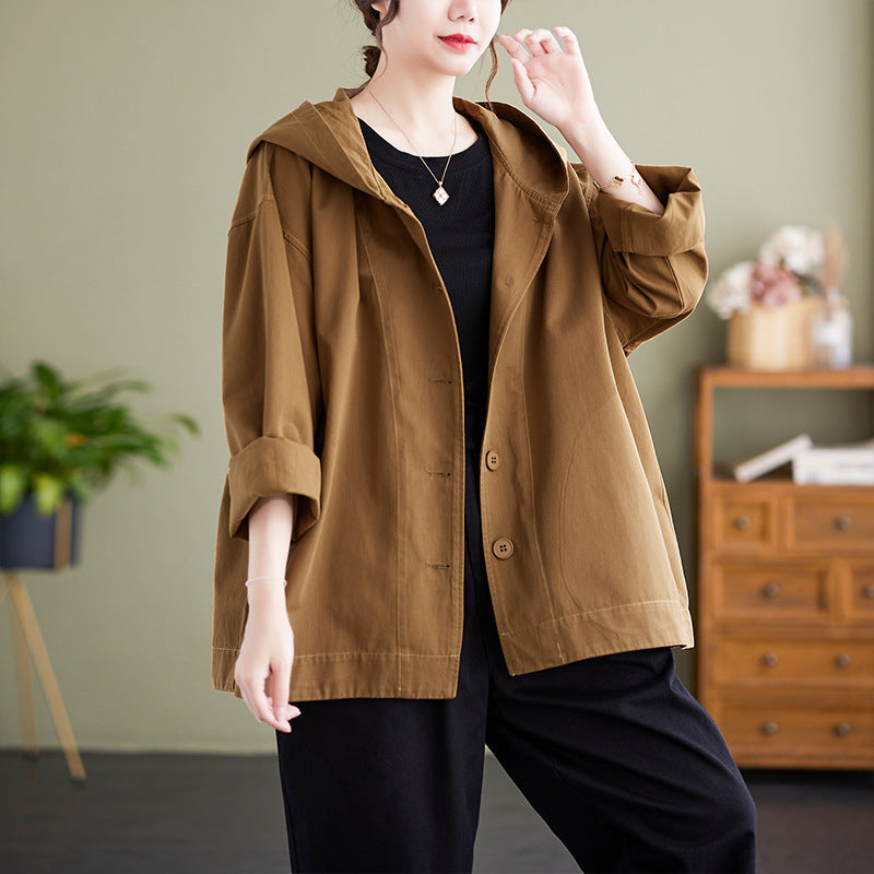 Loose-Fit Button-Up Hooded Jacket with Casual Oversized Design