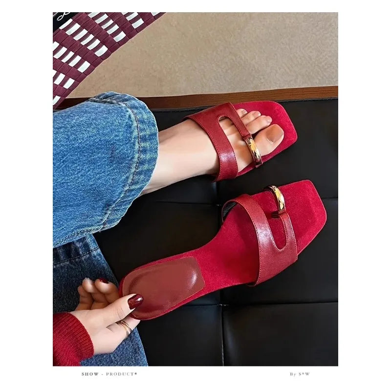 Chic Slip-On Sandals with Square Toe and Buckle Detail