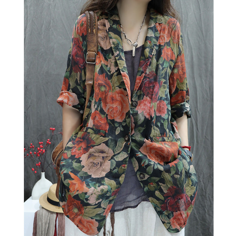 Artistic Floral Linen Blazer with Relaxed Fit and Rolled Sleeves