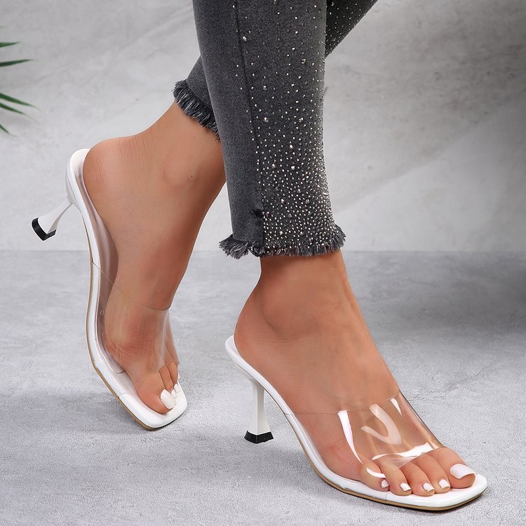 Transparent Strap Square-Toe Heeled Sandals