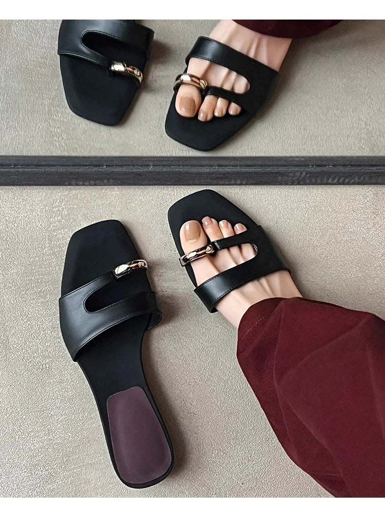 Chic Slip-On Sandals with Square Toe and Buckle Detail