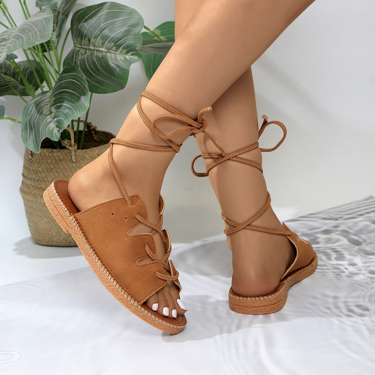 Women's Lace-Up Flat Sandals with Open Toe and Comfortable Sole