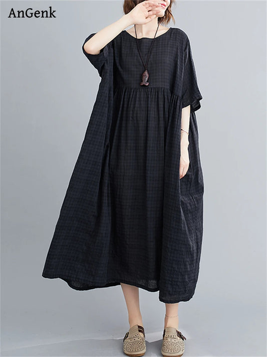 Cotton Vintage Short Sleeve Solid Color Dresses For Women 2025 Summer Casual Loose Long Black Dress Femme Robe Elegant Clothing