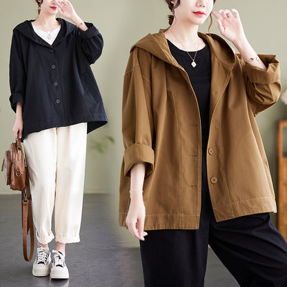 Loose-Fit Button-Up Hooded Jacket with Casual Oversized Design
