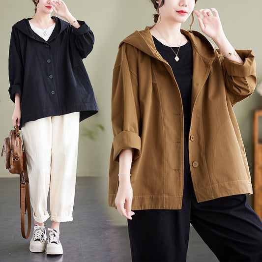 Loose-Fit Button-Up Hooded Jacket with Casual Oversized Design