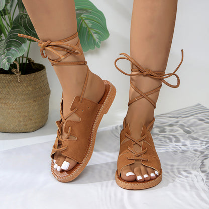 Women's Lace-Up Flat Sandals with Open Toe and Comfortable Sole