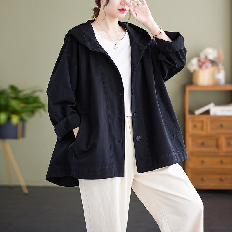 Loose-Fit Button-Up Hooded Jacket with Casual Oversized Design