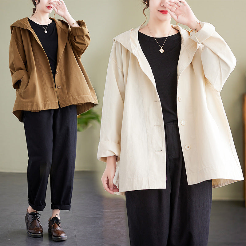 Loose-Fit Button-Up Hooded Jacket with Casual Oversized Design