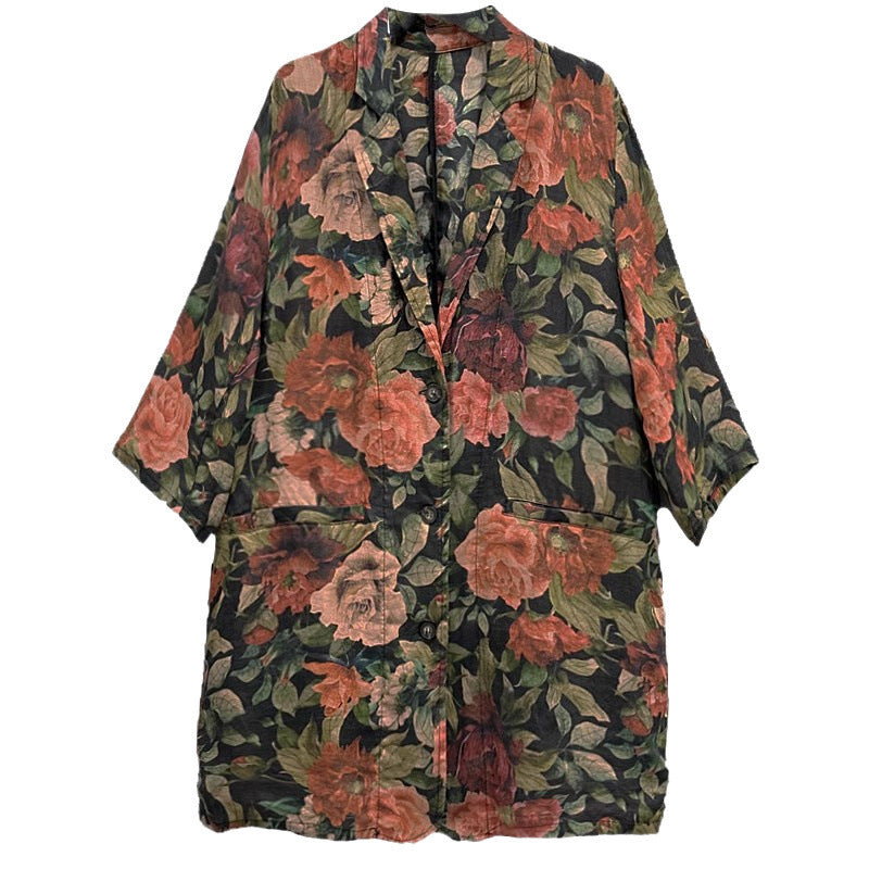 Artistic Floral Linen Blazer with Relaxed Fit and Rolled Sleeves