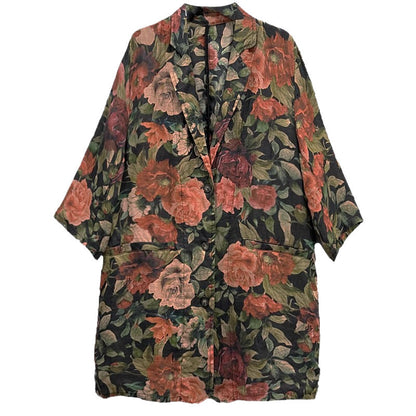 Artistic Floral Linen Blazer with Relaxed Fit and Rolled Sleeves