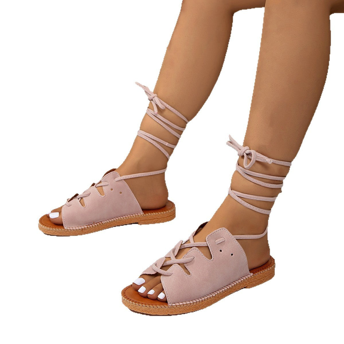 Women's Lace-Up Flat Sandals with Open Toe and Comfortable Sole
