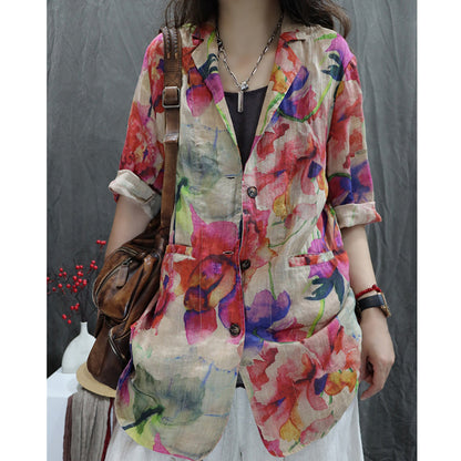Artistic Floral Linen Blazer with Relaxed Fit and Rolled Sleeves