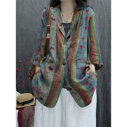 Artistic Floral Linen Blazer with Relaxed Fit and Rolled Sleeves
