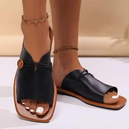 Elegant Open-Toe Slip-On Sandals with Decorative Button Detail