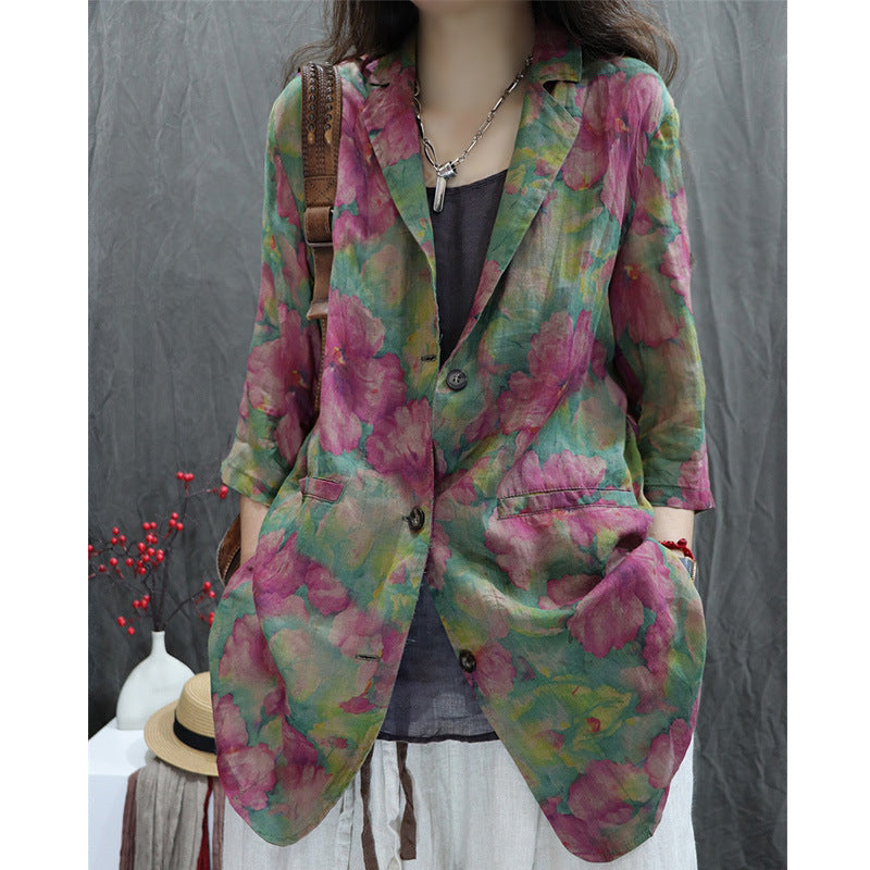 Artistic Floral Linen Blazer with Relaxed Fit and Rolled Sleeves