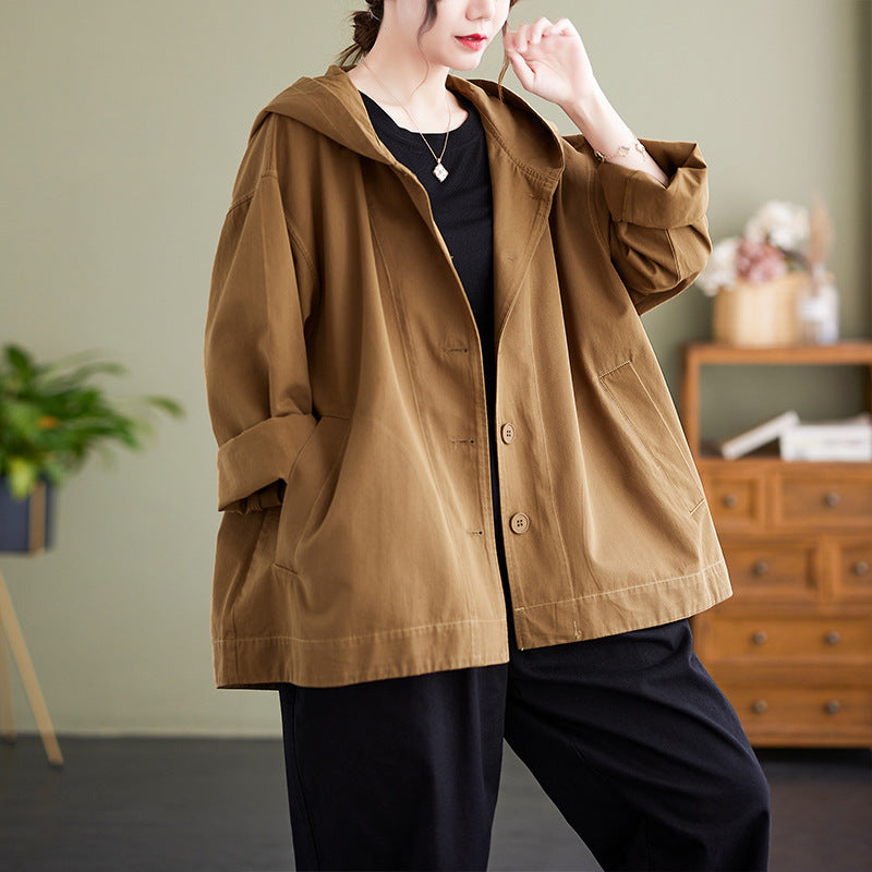 Loose-Fit Button-Up Hooded Jacket with Casual Oversized Design
