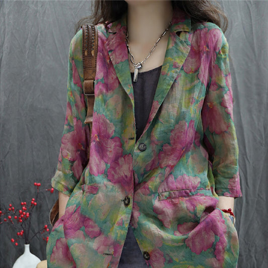 Artistic Floral Linen Blazer with Relaxed Fit and Rolled Sleeves