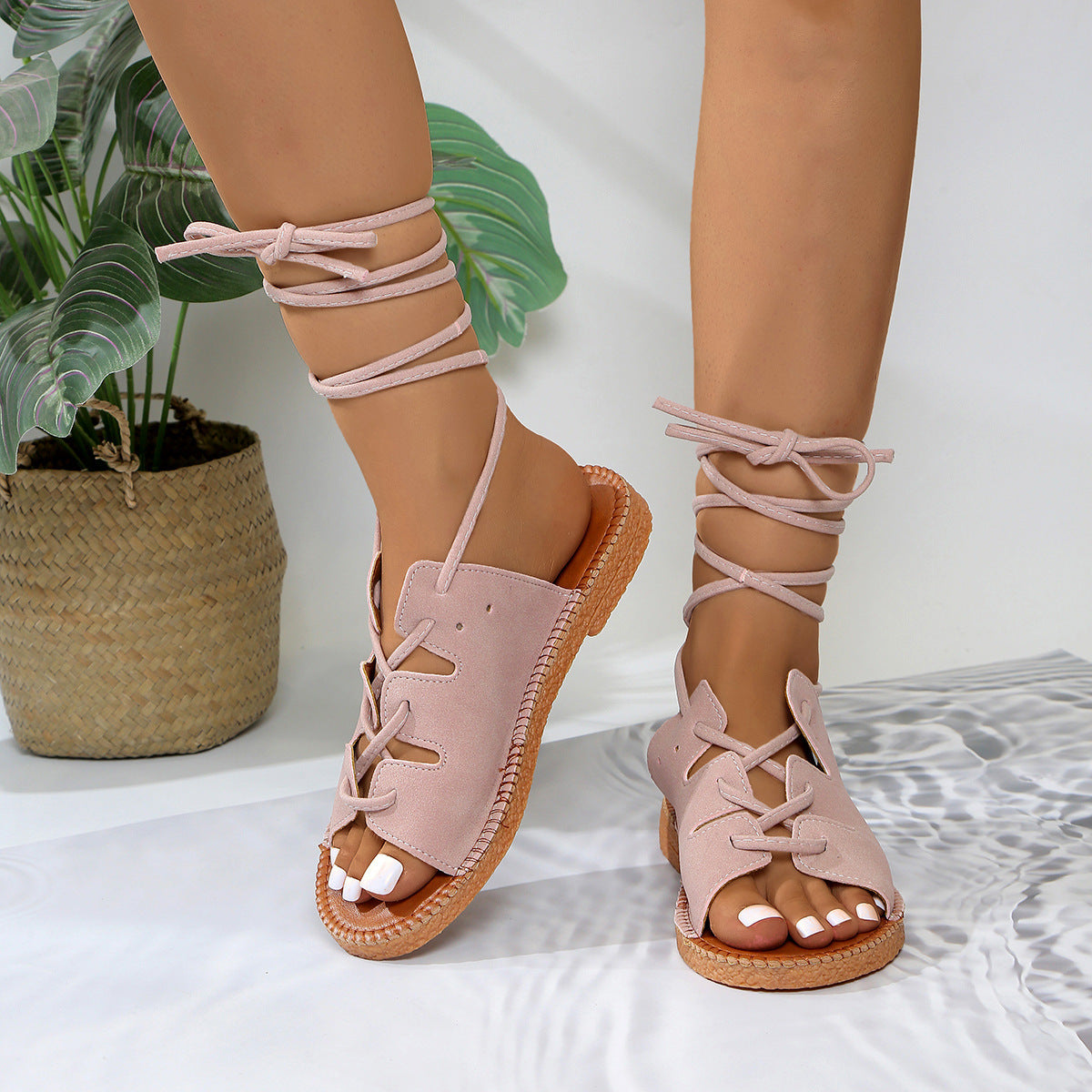 Women's Lace-Up Flat Sandals with Open Toe and Comfortable Sole